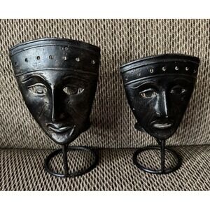 Vintage Style Cast Iron Tribal Face Mask Votive Candle Holders Set Rustic Decor